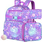 3PCS Backpack for Girls, 16" Cute Cat Sequins Kids Bookbag with Lunch Box, Elementary Preschool Kindergarten School Bag Set - Purple