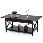 CASART Coffee Table, 2-Tier Wooden Sofa Table Rectangle Center Table with Storage Shelf, X-Shape Steel Frame Industrial Accent Table Snack Tables for Living Room Bedroom Office (Black)