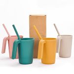 Unbreakable Drinking Cups, 350 ML Plastic Drinking Cups Reusable Cup for Kids Adults, 4 PCS Coffee Mugs with Handle, 4 PCS Straws, Hot or Cold Water Milk Tea Tumblers, Dishwasher and Microwave Safe