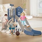 FAYDUDU Toddler Slide, 4 in 1 Kids Indoor Slide for Toddlers Age 1-3, Baby Slide with Basketball Hoop, Telescope, Climbing, Storage Indoor Outdoor Playset Playground Freestanding Slide (Blue Grey)