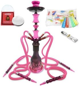 23'' Hookah Set with Everything, Premium Hookah Shisha set, Up To 4 Persons Hookah Complete Set with 50 Disposable Tips, 50 Pre-Punched Aluminum Foil(Pink)