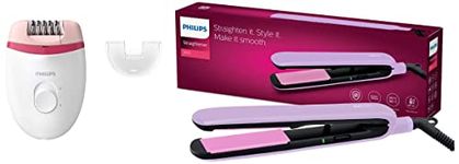 Philips BRE235/00 Corded Compact Epilator (White and Pink) for gentle hair removal at home & BHS393/40 Straightener with SilkProtect Technology. Straighten, curl, suitable for all hair types, Lavender