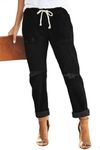 UECOOM Women's Loose Jeans Pull-on Elastic Waist Ripped Denim Joggers Stretch Distressed Pants Black S