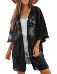 Bsubseach Women Black Sexy Lace Long Sleeve Swimsuit Embroidery Beach Kimono Cardigan Bikini Cover Up