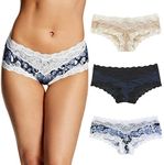 Maidenform Women's Cheeky Panty Pack, Sexy Must Haves Hipster Underwear with Low-Rise Fit, 3-Pack, Latte Lift/Navy Black/Denim Print, X-Large