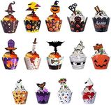 Halloween Cupcake Wrappers,56 Pieces Halloween Party Decorations Supplies Kit,Pumpkin Ghost Bat Halloween Cupcake Topper Wrappers, Cake Knife Food Decor Party Favors, Cake Accessorie