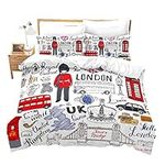 Loussiesd Doodle Duvet Cover Set for Kids Teens Girls Boys London Double Decker Bus Telephone Booth Cab Crown of United Kingdom Big Ben, Decorative 3 Piece Bedding Set Double Bespread Zipper Red