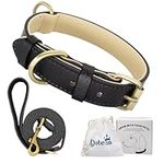 Dote on Leather Dog Collar with Leather Lead Set Adjustable Luxury Genuine Soft Durable Leather Dog Lead Dog Collar of Padded for Small Medium Large Dogs L 17-21 inches Black