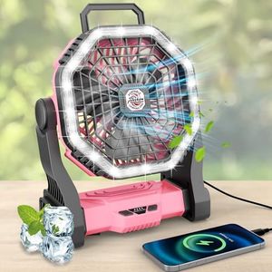 Roykaw Portable Fan for Travel, 10400 mAH Rechargeable Camping Fan, Cordless Battery Powered Fan with Led Light, with Handle, Hang Hook for Tent, Fishing, Pink