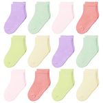 Toddler Socks Girls 12-36 Months Baby Socks 12 Pairs Non Slip with Grip Crew Cotton Socks for Girls Ages 1-3 Green/Orange/Purple/Yellow