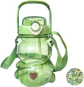 RAMAHP Kawaii frog straw bottle, frog water bottle with adjustable shoulder strap cute stickers, portable drinking cup for girls boys school office travel, green