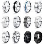 KALVICA 12 Pcs 8 mm Mens Rings Stainless Steel Matte Finish Polished Band Rings Celtic Vintage Ring Chain Rings Bottle Opener Ring Wedding Band Engagement Promise Ring Set for Men N1/2-Z1/2