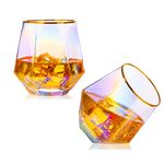 YUHANOER Diamond Wine Glasses Set Of 2,Stemless Wine Glasses Iridescent Glassware with Gold Rim for Spirits,Cocktails,Whisky,Bourbon or Drinking Glasses,wine gifts