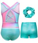 uideazone Gymnastics Outfit for Girls Quick Dry Criss Cross Leotards Blue Biketard Unitards with Shorts for Training