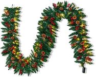 Joiedomi 9Ft Artificial Christmas Garland Prelit with 100 LED Lights, 27 Pine Cones, 27 Red Berries for Home & Office Christmas Decorations (Battery Powered, Batteries not Included)