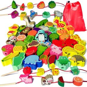 Perles en Bois à Enfiler Jouet, 42 Pièces Animaux et Fruits Jouets de Filetage en Bois, Jeux Montessori Éducatifs Enfant Cadeau pour Garçons Filles 2 3 4 Ans