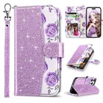 ULAK Compatible with iPhone 15 Pro Wallet Case for Women with Credit Card Holders, Designed Flip PU Leather Kickstand Shockproof Protective Cover for iPhone 15 Pro 6.1 inch 2023, Purple Glitter