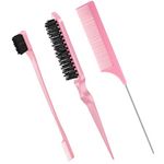 Fuyamp 3 Packs Slick Brush Set Teasing Brush Set, Plastic Bristle Hair Brush Teasing Comb Edge Hair Brush Grooming Combs Sturdy Rat Tail Comb Double Sided Edge Brush for Women Hair Salon Hair Slicking