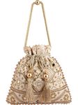 MASQ by Q-One Embellished MIRROR Silk Potli Bag, Handbag, Wristlets, Clutch for Women, Girls with Handmade Embroidery, Sequin, Beads Work for Parties, Weddings and Special occasion (Beige)