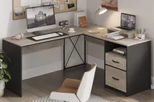 Bestier L Shaped Desk with Drawers, 55 inch Office L Desk with Reversible File Drawer, Industrial Wood Computer Desk with Monitor Stand (Retro Grey Oak Light)