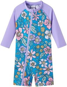 UMELOK Baby Girls' One Piece Swimsuit Infant Swimwear Rash Guard Swim Suit Full Zip with Long Sleeve UPF 50+ Sun Protection Swimsuit Purple, Fashion Flower,2Y