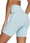 BALEAF Freeleaf Women's 8" High Waist Biker Shorts with Pockets Yoga Running Volleyball Workout Gym Shorts for Summer Spandex Pastel Blue XS-M