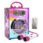 KBQ Kids Bluetooth Karaoke Machine with 2 Microphones, Portable Wireless Karaoke Speaker Home Karaoke System with Mirror Surface Colorful Light for Children and Adults Party (Pink)