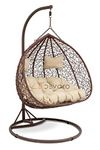 DEVOKO Outdoor Indoor Balcony, Garden, Porch, Back Yard, Living Room, Bed Room, Terrace Jhula Patio Rattan and Wicker Spyder Design Double Seater Swing for Adult and Child (Brown & Cream)