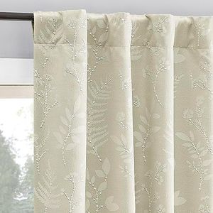 Sun Zero Ambridge 2-Pack Embroidered Botanical Leaf Pleated Look 100% Blackout Back Tab Curtain Panel Pair, 50" x 84", Cream