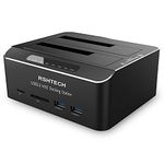 RSHTECH USB 3.0 to SATA Dual Bay External Hard Drive Dock with SD TF Card Reader for 2.5 & 3.5 Inch HDD SSD Support Offline Clone/Duplicator Function, Tool-Free Docking Station (2x12TB Supported)