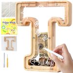 Mikytoper Letter Money Box for Kids Wooden Personalized A-Z Alphabet Piggy Bank Clear Money Bank Coin Bank for Gift Decoration Baptism (T)