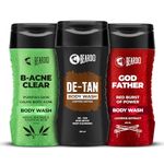 Beardo DeTan , Godfather & B-acne Clear Body Wash for Men ( 200ml x 3) | Complete Skin Care Set for Men - Deep Cleansing, Acne-Fighting & Tan Removal Body Wash | Ideal for Oily & Acne-Prone Skin | Perfect Skincare Kit for Men with Acne & Tan Issues -| Ultimate Grooming Solution for Healthy, Clean Skin