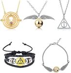 HCSUI 5 Piece Cosplay Jewellery Set Time Turner Chain Pendant Necklaces Deathly Hallows and Golden Snitch Necklace with Bracelet for Children Collection Halloween Cosplay, Metal