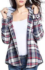 Classic Plaid Cotton Hoodies for Women - Flannel Long Sleeve Button-Up Drawstring Shirt with Pockets Casual Outfits, Gray Plaid, Small