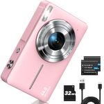 CAMKORY Digital Camera, Full HD 1080P Point and Shoot Camera, 44MP Kids Camera with 32GB Card, 16X Zoom, Pink