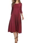 HOTOUCH Dress Women Elegant Tunic Dress Round Neck Casual Ladies Dresses Midi 3/4 Sleeve A Line Classic Midi Dress with Pockets Maxi Party Winter Red L