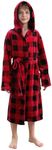 V.&GRIN Boys Fleece Robe, Hooded Plush Soft Fuzzy Bathrobe for Kids 3-14 Years（Red Plaid 11-12