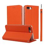 iCoverCase Genuine Leather Case for iPhone 7 Plus/iPhone 8 Plus, Wallet Case with Wrist Strap and Card Slots Magnetic Closure Kickstand Feature Flip Cover for iPhone 7 Plus/8 Plus (Orange)