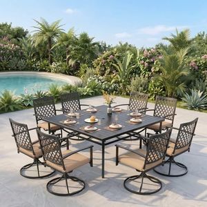 PHI VILLA 9-Piece Metal Patio Outdoor Table and Chairs Outdoor Dining Set - Large Square Patio Table and 8 Backyard Garden Chairs, Black