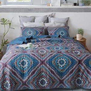 DaDa Bedding Aztec Quilt King Rustic Navy Blue Native Reversible Bedspread Set - Boho Southwestern Geometric Diamond Shapes Quilted Coverlet - King Size - 3-Pieces