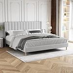 Upholstered Platform Bed Frame King Size with Headboard,Strong Wooden Slats Support No Box Spring Needed Easy Assembly Light Grey Linen