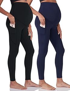 Enerful Women's Maternity Workout Leggings Over The Belly Pregnancy Active Wear Athletic Yoga Pants with Pockets 2PCS Black Navy Blue Small