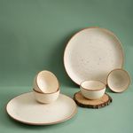 Urban Space Handcrafted 6 Piece Ceramic Dinner Set, 2 Full Dinner Plates (10 Inch) With 4 Katori Bowls (200 ml), Microwave & Dishwasher Safe, Ceramic Serving Plates For Snacks | Katori (Natural Beige)