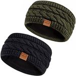 Hatromm Winter Headbands for Women Wool 2 Pack, Ear Warmers for Women Headband Knit Thick Fleece Lined, Cold Weather Warm Ear Muffs(Black+Army), Black+Army