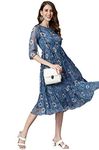 Janasya Women's Blue Poly Georgette Floral Flared Western Dress(J0341-DR-XXL)