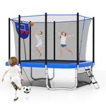 GYMAX Trampoline Outdoor, 10 x 8FT Rectangle Trampoline with Basketball Hoop, Soccer Goal, Anti-Slip Ladder & Shoes Storage, Heavy Duty Backyard Trampolines for Kids & Adults (Blue)