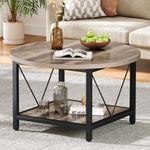 DWVO Round Coffee Table, Coffee Tables for Living Room, Small Coffee Table, 2 Tier Circle Table with Open Storage Shelf, Rustic Wood Coffee Table with Metal Frame, Easy Assembly, Grey Wash