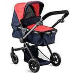 Convertible Baby Doll Stroller for Dolls - Bassinet Toy Buggy for Toddlers 3 Years and up, Adjustable Seat & Handle with Storage Basket, Red Design for Kids