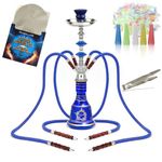 Hookah Set 21.6" 4 Hose Shisha Complete Set, Portable Glass Vase Hookahs Shisha Set, Include 100 Disposable Tips, 50 Pre-Punched Aluminum Foil,Blue