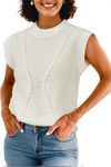 Arach&Cloz Womens Spring Sweater Vest 2025 Cap Sleeve Crew Neck Casual Tops Cable Knit Crochet Loose Fit Summer Outfits Off-White L